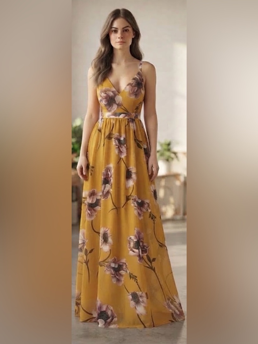 Miss Avenue Mustard Floral Maxi with Pink Bloom